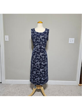 Vintage 90s Henry Lee Linen Blend Blue Floral Midi Tank Dress Size 10